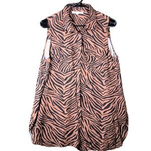 Rose Olive Womens Blouse Black Brown Tiger Stripe Sleeveless Button Down Tunic L